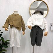 布衣风格 韩国童装男童女童不对称小翻领长袖纯棉衬衣春装白衬衫