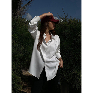 nevahu白色绸缎长袖衬衫女高级感2024设计感韩版宽松衬衣