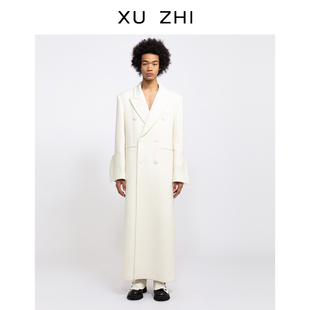 XUZHI设计师品牌娜然同款白色西服领中长款双排扣大衣毛呢