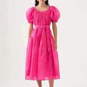 外贸秋季法式裙 圆领泡泡短袖刺绣工艺 玫红连衣长裙高腰仙女裙