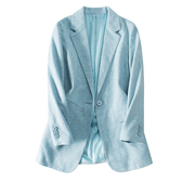 通勤LO 湖水蓝夹花面料拉链装饰修身显瘦一粒扣中长款西装外套春