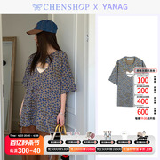 YANAG时尚爱心镂空铆钉烫钻小花印花T恤短袖女CHENSHOP设计师品牌