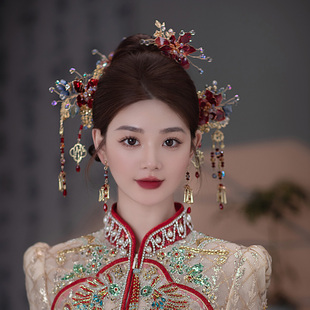 新娘头饰中式古风红色造花液，古典流苏簪子，秀禾服龙凤褂结婚发饰品