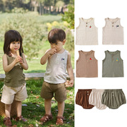 夏季儿童背心套装全棉男童宝宝无袖刺绣T恤婴儿纯色短裤