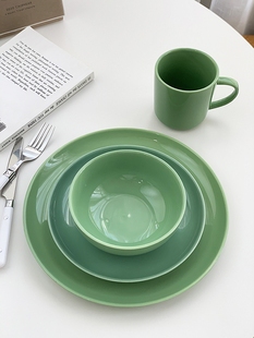 安木良品 大牌订单 北欧极简纯绿色釉下彩高温陶瓷饭碗马克杯餐盘