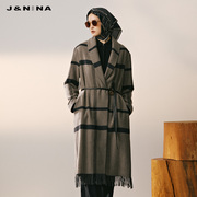 jnina捷恩尼纳秋冬不规则，条纹流苏设计西装领气质中长款毛呢外套