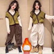 韩系女童假二件拼接毛衣，套装洋气中大童半高领，打底奶奶裤两件套潮