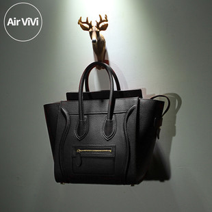 Airvivi-栩-黑色真皮笑脸包女包 大容量手提包头层牛皮囧包经典款