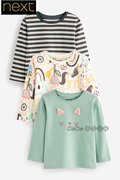 英国next女童绿色，黑白涂鸦条纹卡通长袖，t恤纯棉d65-054