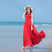 红色裙女夏季大裙摆修身无袖雪纺，沙滩长款v领高腰显瘦白色连衣裙