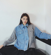 韩国设计感拼接撞色休闲蓝色牛仔短外套，女2023年春季宽松夹克