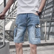 夏季薄款多口袋牛仔短裤男迷彩休闲中裤潮牌宽松直筒工装五分裤子