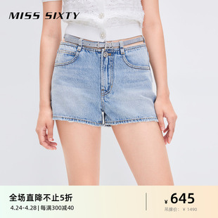 misssixty夏季复古浅蓝色牛仔短裤，女配腰带性感，辣妹风钉珠印花