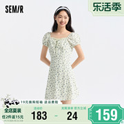 森马连衣裙女泡泡袖碎花雪纺，裙森系2024夏季方(夏季方)领收腰短裙俏皮