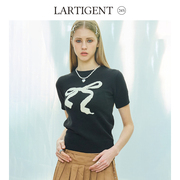 lartigent24s蝴蝶结图案毛衣，短款针织衫女内搭圆领半袖上衣