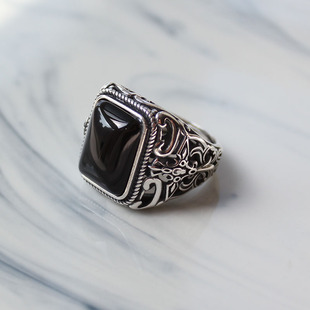 925纯银原创设计复古个性百搭黑玛瑙戒指，男十字宽版开口指环食指