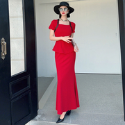 红色连衣裙夏装高端大牌法式气质优雅高级荷叶，边鱼尾长裙礼服女装