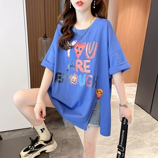 夏季包边短袖t恤女韩版圆领字母涂鸦上衣时尚开衩女装潮