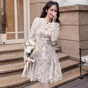 越南小众品牌重工蕾丝刺绣短款连衣裙女气质，圆领长袖蝴蝶结小裙子