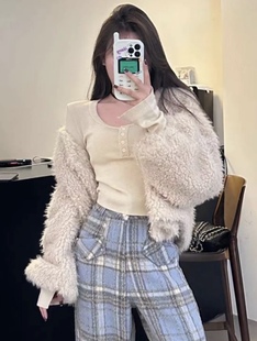 MIDO家 韩国女装2023冬季时尚羊羔毛绒绒保暖百搭夹棉外套女