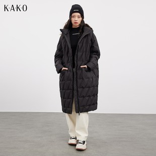 KAKO冬季女士时尚宽松加厚过膝鸭绒外套带帽廓形长款羽绒服
