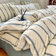 日式条纹水洗棉四件套纯棉全棉，简约床上用品裸睡被套床单三件套男