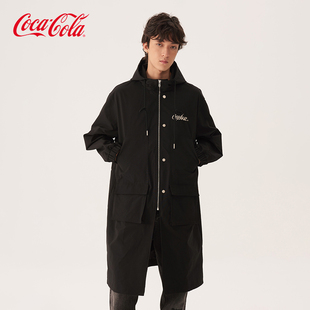 Coca-Cola/可口可乐立体口袋字母刺绣基础纯色中长款连帽风衣外套