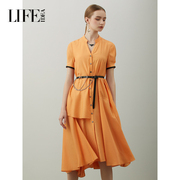 莱芙艾迪儿夏季女装橙色，收腰v领衬衫裙修身显瘦短袖连衣裙女