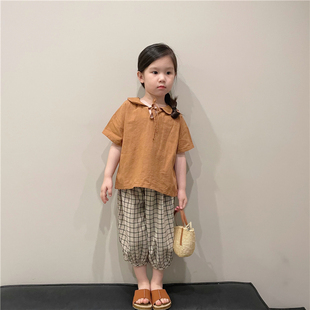 木西童品2024夏韩国女童复古学院风棉麻衬衫女宝宝可爱娃娃衫上衣
