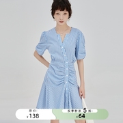 5折复古蓝白条纹连衣裙女设计感小众夏季v领衬衫裙子