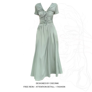 大码胖mm温柔风气质短袖连衣裙女夏季设计感褶皱抽绳绿色长裙