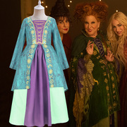 外贸女巫连衣裙绿色拼接长袖套装女童cosplay演出服角色扮演服装