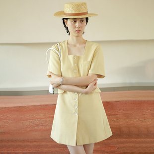 studiofun小众设计感连衣裙女夏季方领高级感灰色，黄色短袖西装裙