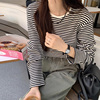 市舶司加厚不易变形 韩国女装秋装螺纹状条纹长袖针织T恤