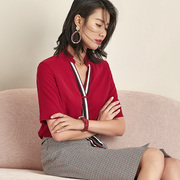衬衫女韩版2023洋气设计感小众红色雪纺上衣套头大码宽松上衣