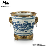 法式中国风铜配手绘陶瓷装饰花桶摆件欧式别墅客厅山羊青花瓷花瓶