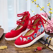 新中式国风鞋女大白底绣花布鞋高跟坡跟帆布，绣花女单鞋系带复古