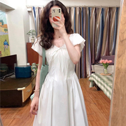 高级感白色泡泡袖V领连衣裙女夏季小个子设计感显瘦仙女长裙