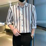 条纹男士衬衫短袖夏季薄款高级感潮流韩版修身半袖男款七分袖衬衣