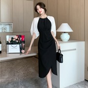 中式国风春夏季五分袖中长款连衣裙，开叉拼接裙子收腰显瘦小黑裙女