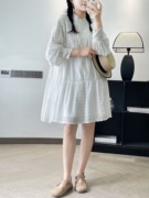日系森女系纯白色棉布刺绣立领半开襟拼接蛋糕裙有内衬长袖连衣裙