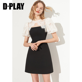 dplay德帕拉夏新法式复古裙子，黑白撞色拼接蕾丝短袖连衣裙