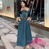 韩国23年冬款气质女郎时尚收腰系带毛领牛仔棉服外套