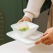 轻奢复古绿线碗碟套装创意陶瓷不规则甜品碗方碗爱心碗港式糖水碗