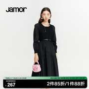 Jamor黑色针织拼接连衣裙女春季收腰显瘦链条装饰中长裙子