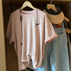 条纹t恤女士夏季短袖，修身超火小个子粉色，上衣2022年体恤棉质