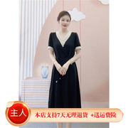 夏季品牌汉派时尚V领蕾丝领纯色雪纺短袖连衣裙