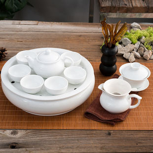 家用纯白功夫陶瓷茶具，套装带盖碗茶壶，圆形茶船储水茶盘组合