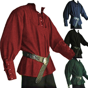 复古中世纪男士纯色宽松绑带，翻领长袖衬衫翻领，舞台演出服上衣男