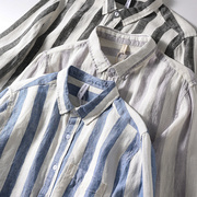 天然100纯亚麻 日系男士复古水洗透气休闲麻长袖条纹衬衫亚麻衬衣